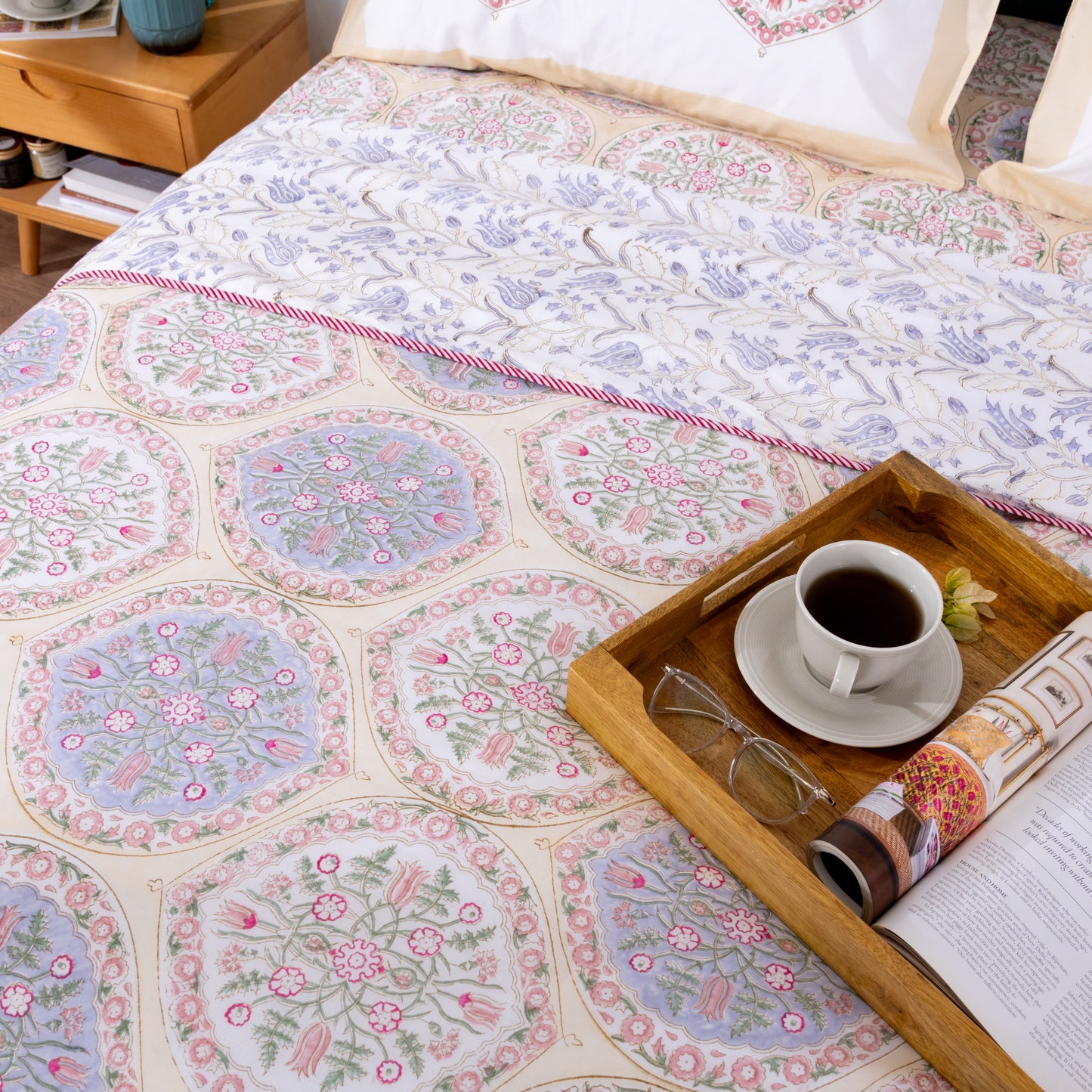 COTTON BLOCK PRINT QUILT WITH MATCHING BEDSHEET SET AND DOHAR
