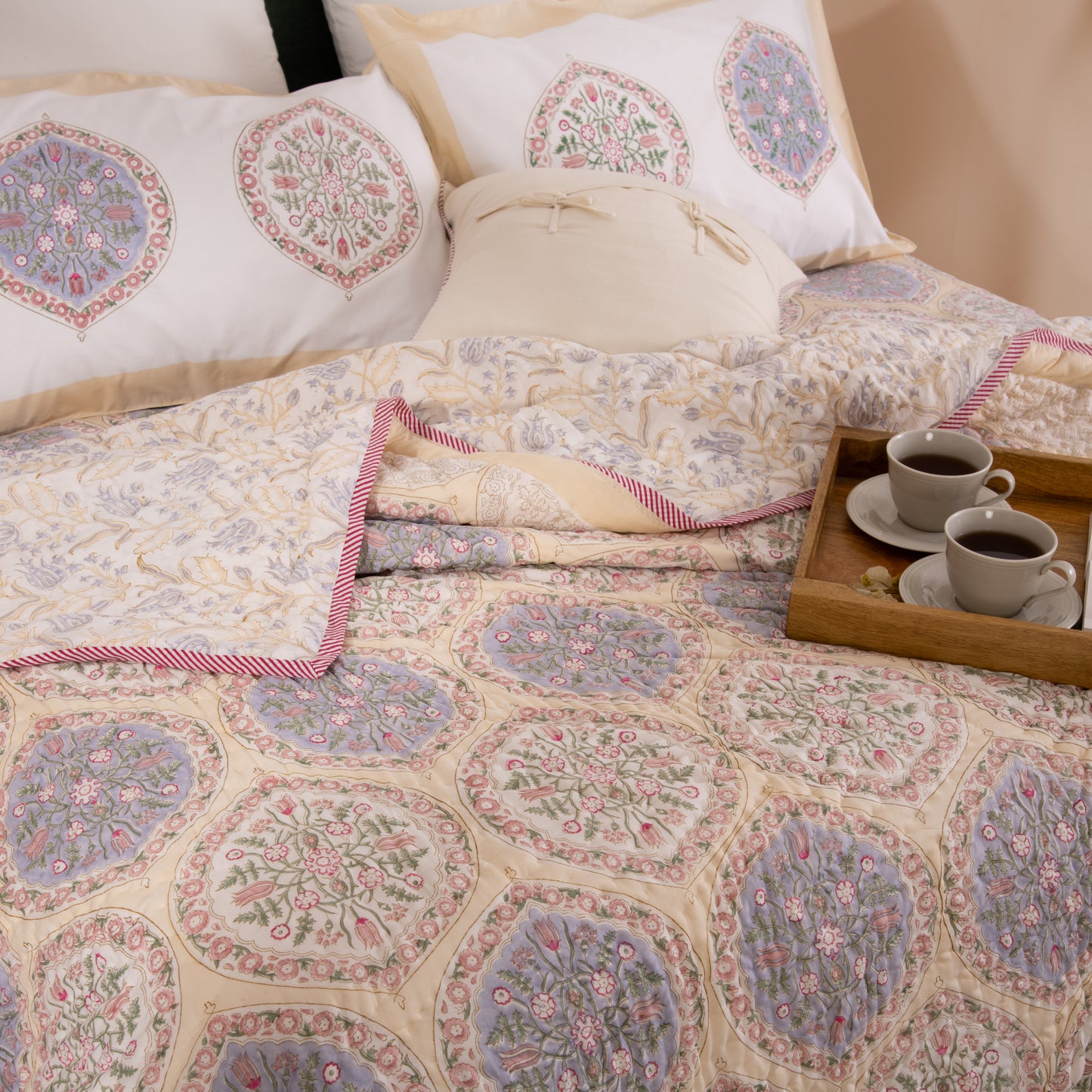 COTTON BLOCK PRINT QUILT WITH MATCHING BEDSHEET SET AND DOHAR