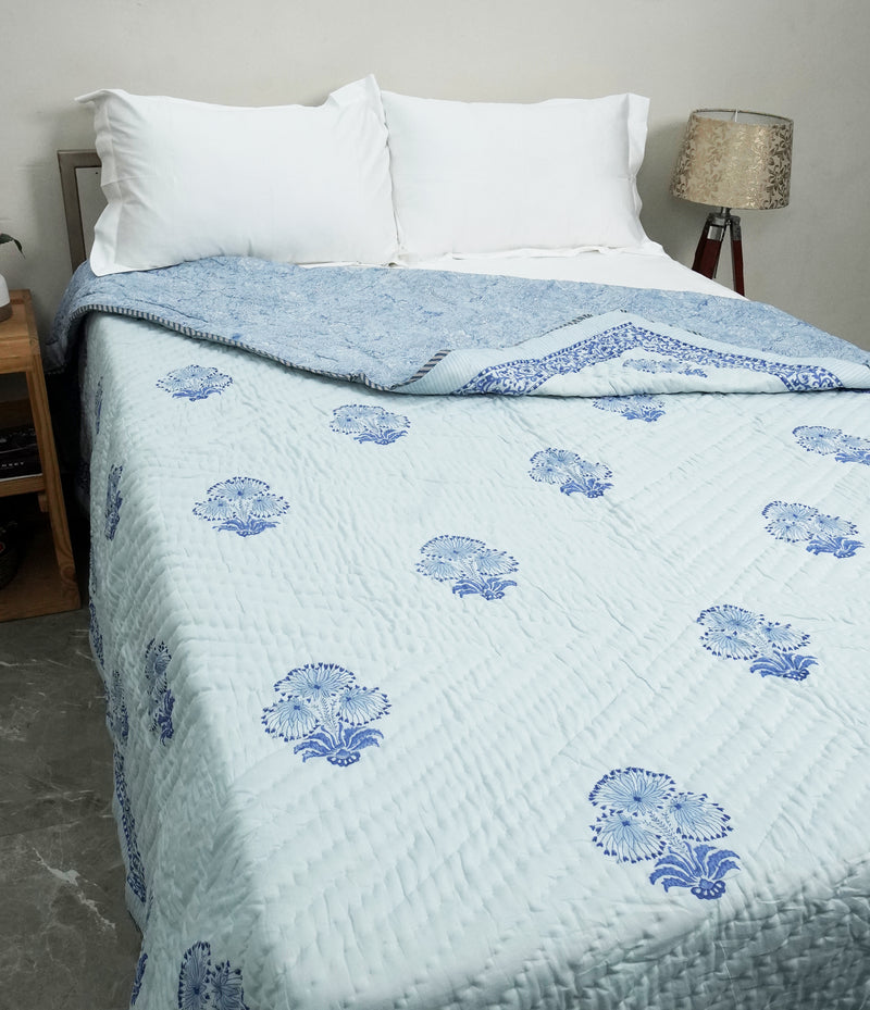 BLUE MEADOW COTTON BLOCK PRINT QUILT